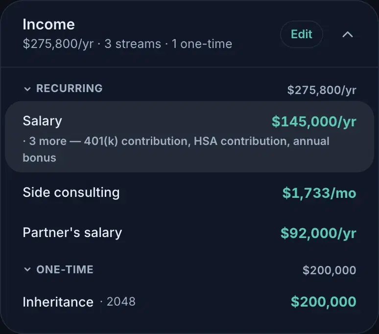 The Income card: calm rows with values on the right, one row highlighted under the pointer