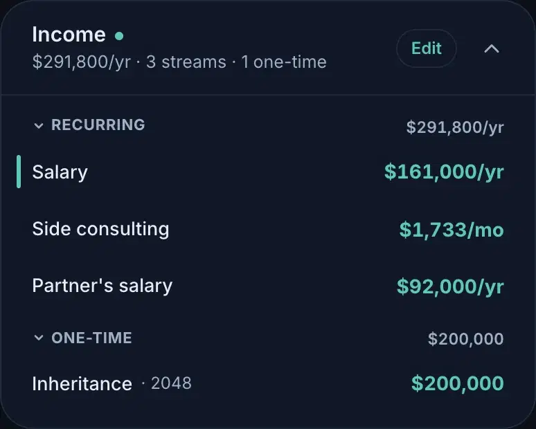 The Income card with a changed Salary row: an accent bar on its left edge and a dot beside the card title