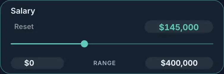 The Salary row open: Reset, the editable value, a slider, and two range bounds beneath