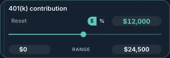 A 401(k) contribution row open, with a $ | % toggle beside the value