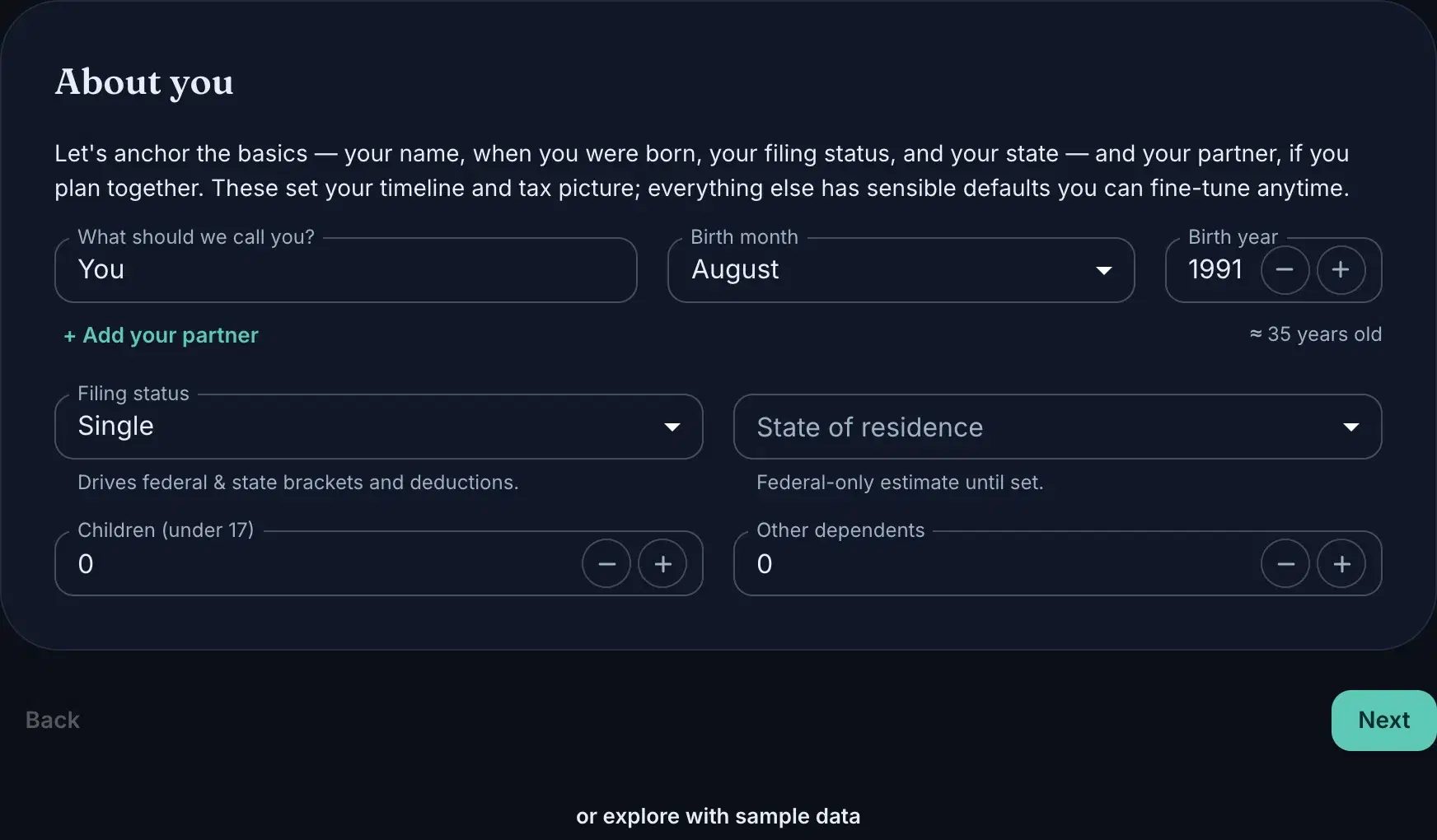 The About-you step: name, birth, filing status, state, dependents — and Next