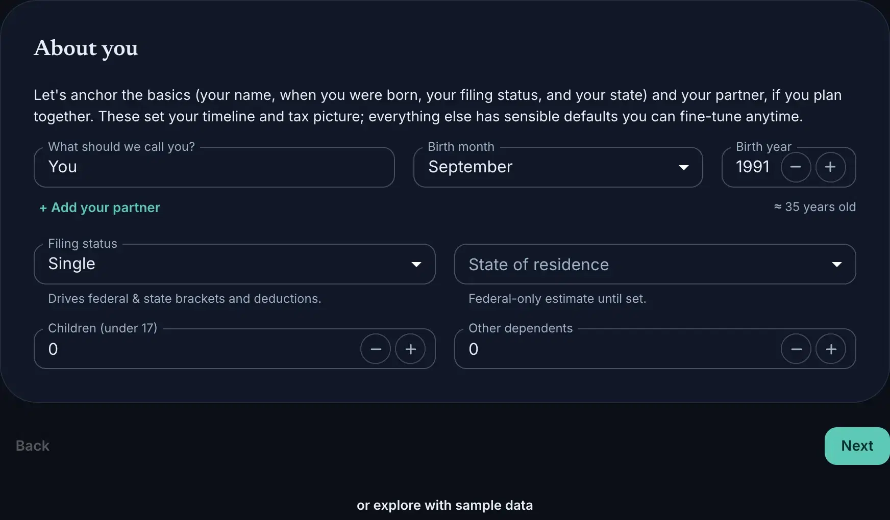 The About-you step: name, birth, filing status, state, dependents, and Next