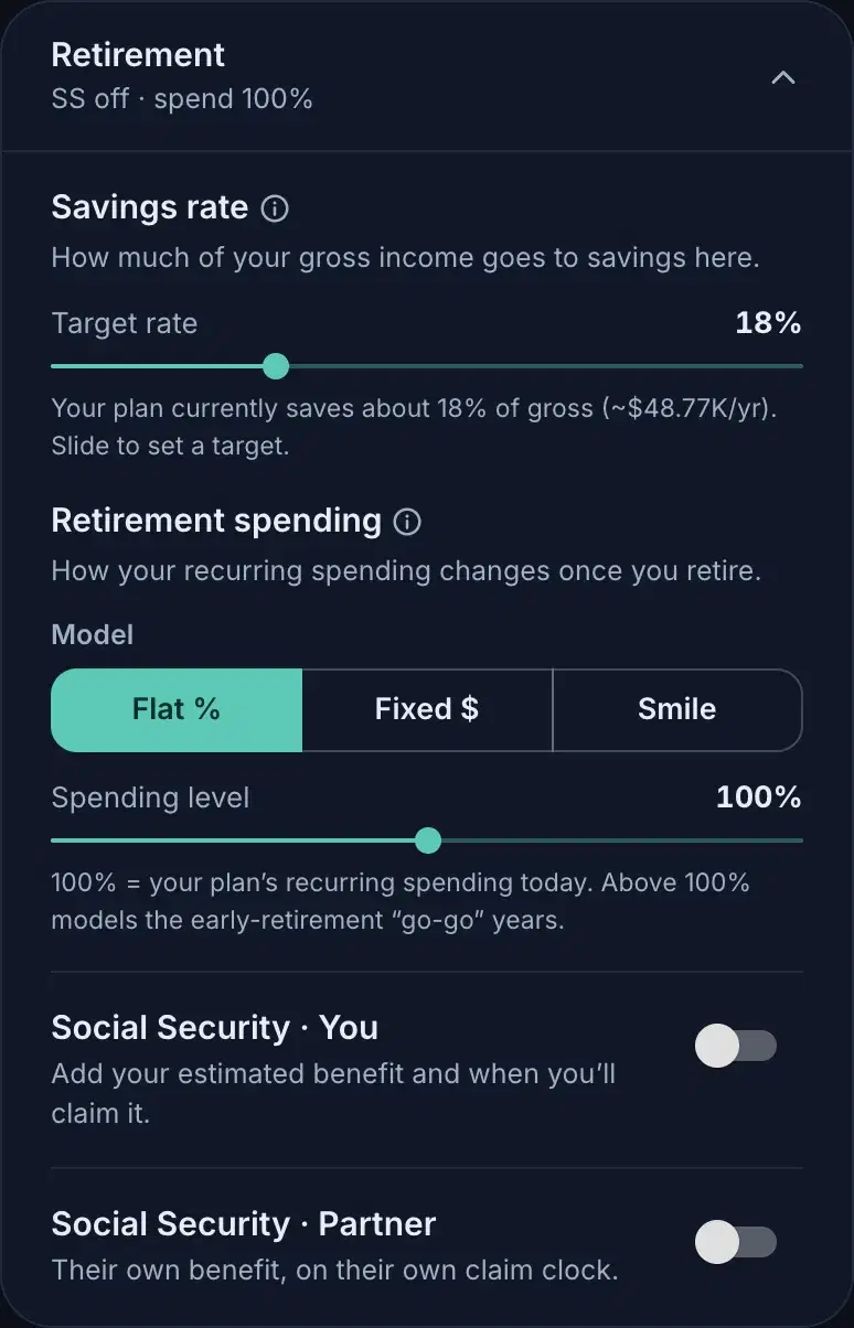 The Retirement card: savings-rate target, retirement-spending model, and Social Security toggles