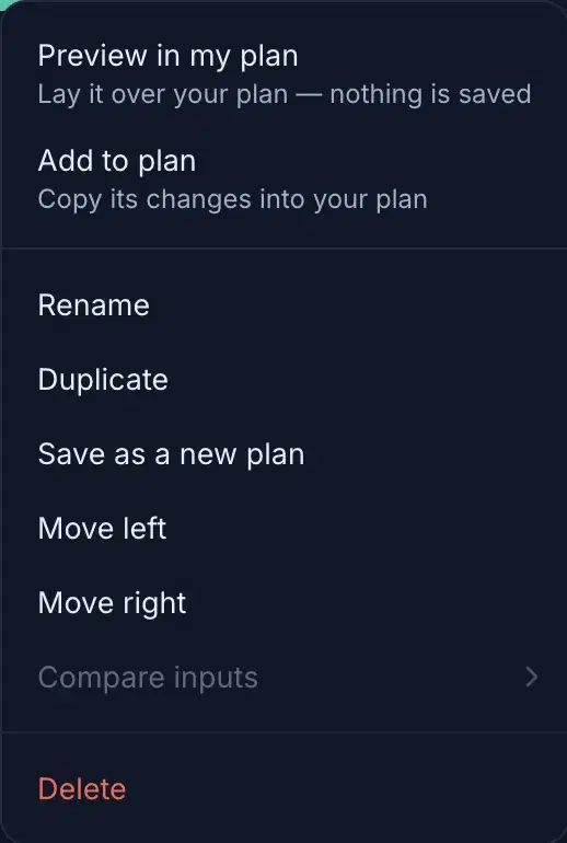 A scenario's menu: Preview in my plan and Add to plan above rename, duplicate, and the rest