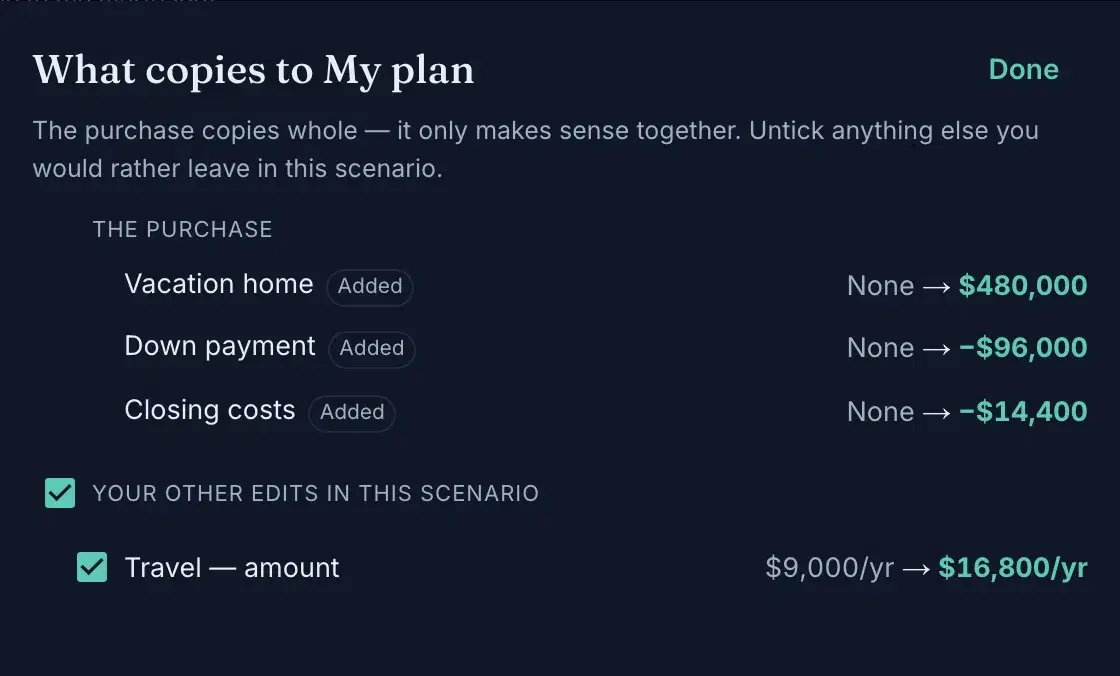 The review sheet "What copies to My plan": the purchase rows with no checkboxes, and a ticked "Your other edits in this scenario" group below