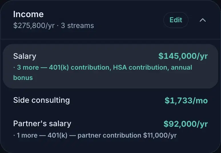 The Income card: calm rows with values on the right, one row highlighted under the pointer