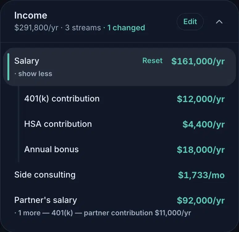 The Income card with a changed Salary row: an accent bar on its left edge and "· 1 changed" in the header
