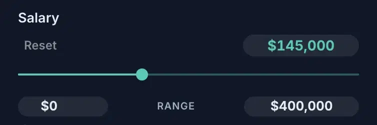 The Salary row open: Reset, the editable value, a slider, and two range bounds beneath