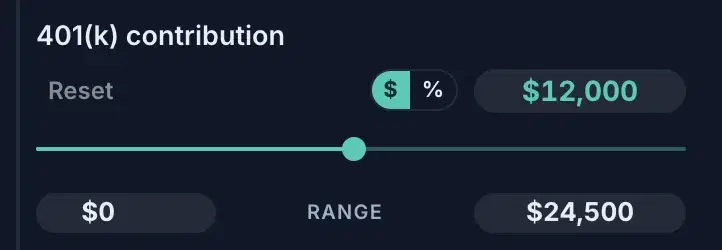 A 401(k) contribution row open, with a $ | % toggle beside the value