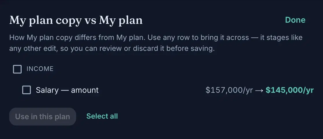 The plan-compare sheet: a differing row with checkboxes, "Use in this plan" and "Select all"