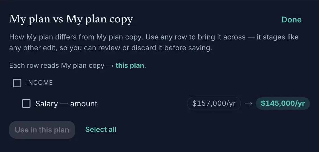The plan-compare sheet: a differing row with checkboxes, "Use in this plan" and "Select all"