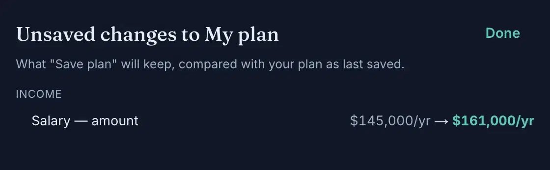 The review sheet: "Unsaved changes to My plan" listing Salary — amount, $145,000/yr → $161,000/yr