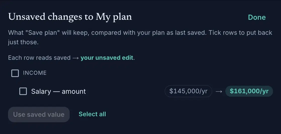 The review sheet: "Unsaved changes to My plan" listing Salary — amount, $145,000/yr → $161,000/yr